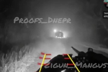 Ukrainian ground drone fires at Russian MT-LB. Screenshot via Proofs Dnepr. (Source: Proofs Dnepr)