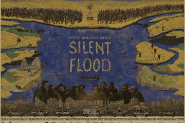 Poster for the documentary “Silent Flood” shows a divided landscape—peaceful rural life above and a war-torn city below—emphasizing the film’s themes of contrast and coexistence.