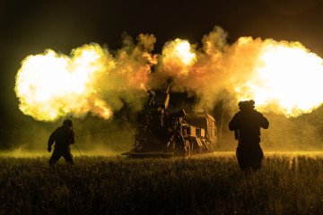 Ukrainian soldiers from the 30th Brigade fire with Bohdana artillery at Russian positions in the Donetsk Oblast, Ukraine, 31 May 2026.