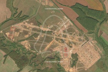 Satellite image of Russia’s Tsymbulova droneport in Oryol region following a Ukrainian strike, with reported impact sites marked in red.