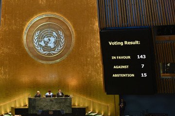 Countries vote on a motion related to the "Pact for the Future" resolution during the "Summit of the Future" on the sidelines of the UN General Assembly at the United Nations Headquarters in New York, September 22, 2024.