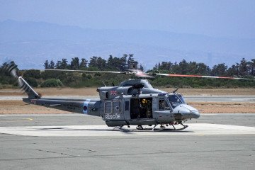 A Royal Air Force Bell Griffin HAR2 rescue helicopter prepares for take-off at the Royal Air Force (RAF) base in the British sovereign base area of Akrotiri in Limassol, on May 24, 2022. (Source: Getty Images)