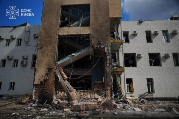 Damage to the "We—Ukraine" television channel building in Kyiv after a Russian drone strike on September 8, 2026.