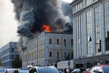 Fire and smoke are rising from the Ukrainian Academy of Sciences building after it was struck by a Russian drone, Kyiv, September 28, 2026.