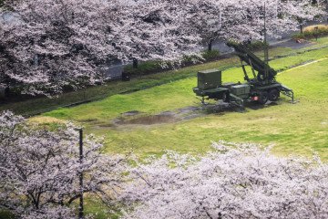 A Patriot Advanced Capability-3 (PAC-3) missile launcher is set next to fully bloomed cherry blossom trees at the Defence Ministry in Tokyo on April 1, 2026.