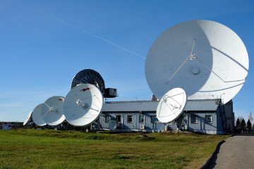 Antennas and satellite dishes in the Dubna Space Communications Center in Russia’s Moscow region.