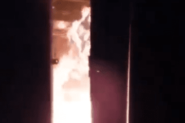 Burning Russian telecommunications cabinet Gorny Shchit, Sverdlovsk region, Russia, April 15, 2026. (Source: Atesh)