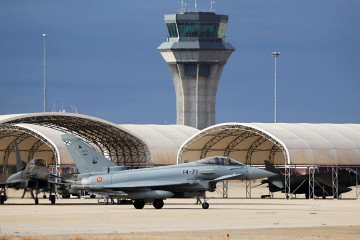 A Eurofighter C-16 Typhoon (EF-2000S) of the Spanish Air Force heads towards the runway of the Torrejon de Ardoz military base in Madrid, Spain, on October 12, 2025. (Source: Getty Images)