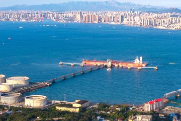Oil tanker entering the Huangdao Crude Oil Terminal at Qingdao Port, Shandong Province, China, to unload imported crude, August 3, 2025. (Source: Getty Images)