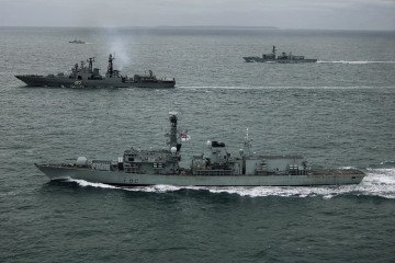 Royal Navy Type 32 destroyers HMS Somerset and HMS St Albans shadow a Russian warship near British waters, April 2026. (Source: UK Defence Ministry)