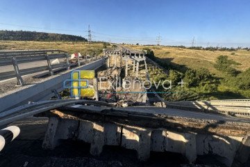 Collapsed bridge spans on the Donetsk–Mariupol highway after a Ukrainian strike disrupted a key Russian logistics route. (Source: Exilenova+)