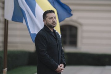 President of Ukraine Volodymyr Zelenskyy stands during a meeting with Prime Minister of Finland Petteri Orpo on October 22, 2026, in Kyiv, Ukraine. (Source: Getty Images)