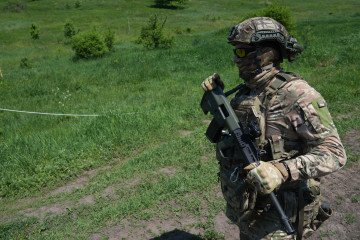 Ukrainian soldiers in the Sumy region, approximately 20 kilometers from the Russian border, on May 23, 2026.