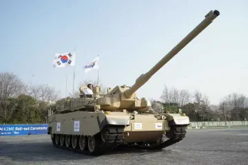 Hyundai Rotem’s K2ME main battle tank during its rollout ceremony in Changwon, featuring upgraded cooling systems and a desert-optimized configuration for operations in extreme heat. (Source: Hyundai Rotem)