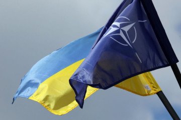 The NATO and Ukrainian flag are pictured in Vilnius, Lithuania on July 9, 2023. (Source: Getty Images)