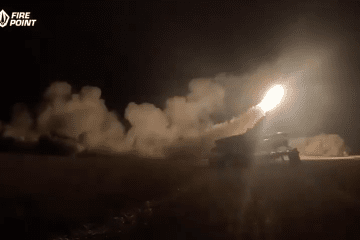 Launch of Ukrainian Flamingo cruise missiles captured in a still frame from a video. (Source: Denys Shtilierman)