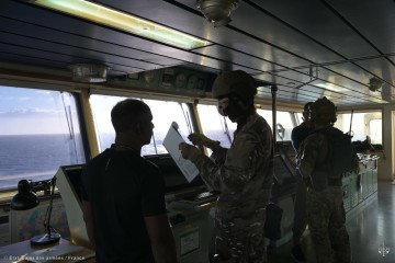 French Navy personnel detain the captain of the sanctioned oil tanker Grinch during an inspection in the Mediterranean. (Photo: French Navy)