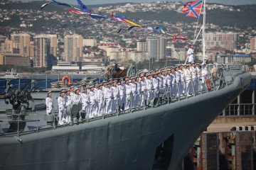 Illustrative image. Sailors stand at attention on the deck of a Russian Black Sea Fleet warship during the Navy Day celebrations in the port city of Novorossiysk on July 30, 2023. (Source: Getty Images)