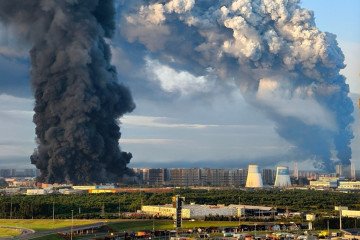 Wildberries logistics centers in St. Petersburg on fire after a drone strike, July 24, 2026.