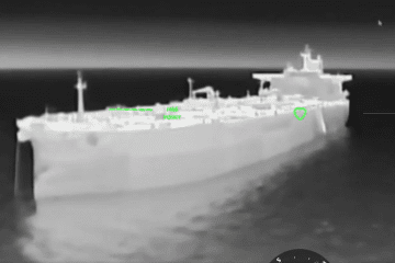 Russian shadow fleet oil tanker in the Black Sea moments before a Ukrainian drone strike, July 20, 2026.