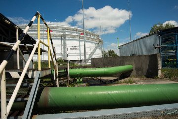 A view of one of the crude oil storage tanks with petroleum that was transported to the Slofnaft refinery by a green pipeline Druzhba on May 31, 2022 in Bratislava, Slovakia. (Souce: Getty Images)