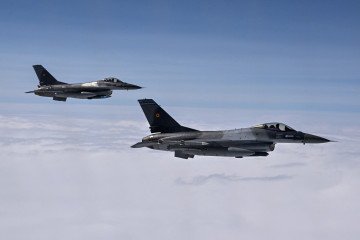 Romanian Air Force F-16 fighter jets participate in a NATO Air Policing exercise over Allied airspace, July 4, 2023. (Source: Getty Images)