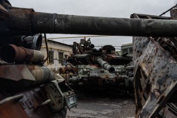Russian military vehicles that were destroyed during fighting to recapture the strategic eastern town of Lyman are pictured on October 11, 2022, in Lyman, Donetsk oblast, Ukraine. (Source: Getty Images)