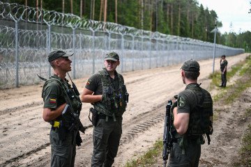 Lithuanian border guards patrol the frontier with Belarus near Dieveniškės, Lithuania, ahead of the NATO Summit in July 2023. (Source: Getty Images)