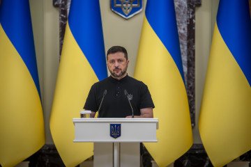 President of Ukraine Volodymyr Zelenskyy gives a speech on August 29, 2025, in Kyiv, Ukraine. (Source: Getty Images)