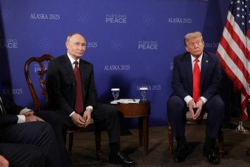 US President Donald Trump and Russian leader Vladimir Putin meet during a US-Russia summit on Ukraine at Joint Base Elmendorf-Richardson in Anchorage, Alaska, on August 15, 2025. (Source: Getty Images)