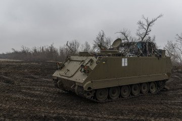An M113 armored personnel carrier stands on the field on January 16, 2025, in the Donetsk region, Ukraine. (Source: Getty Images)