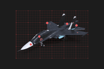 Infographic showing the Su-34 fighter-bomber with highlighted positions of key onboard systems and components. (Source: Oleksandr Manukians / UNITED24 Media)