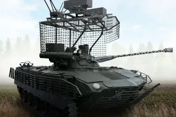 A rendered image shows one of Russia’s new BMD-2M airborne infantry fighting vehicles with added cage armor and the Bereg combat module.