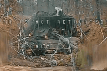Masked Russian T-72B3 tank moments before being burned by Ukrainian FPV-drones. (Source: umftteam/X)