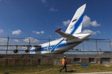 An Antonov 124 cargo aircraft that has been grounded since 2022 at Toronto Pearson Airport in Toronto, Ontario, Canada, on Tuesday, June 13, 2023.