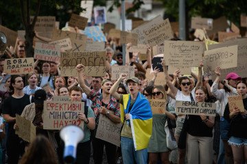 Protesters rally against the dismissal of former Defense Minister Mykhailo Fedorov in central Kyiv, July 16, 2026. (Source: Getty Images) Protesters rally against the dismissal of former Defense Minister Mykhailo Fedorov in central Kyiv, July 16, 2026. (Source: Getty Images)