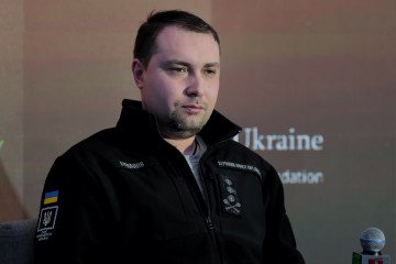 Head of the Office of the President of Ukraine, Kyrylo Budanov, delivers a speech during the Kyiv Security Forum on April 23, 2026, in Kyiv, Ukraine. (Source: Getty Images)