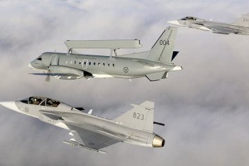 Swedish Air Force JAS-39 Gripen fighter jets with Saab 340 AEW&C aircraft in the air, circa 2008. (Source: SAAB)