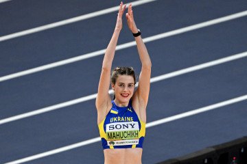 Yaroslava Mahuchikh celebrates after winning gold in the women’s high jump final at the World Athletics Indoor Championships in Toruń on March 20, 2026. (Source: Getty Images)