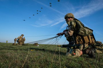 French, British and American paratroopers after they jumped together from a plane in south of France for the training of the Falcon Amarante mission, Occitanie, Caylus, France on Novembre 14, 2018 in Caylus, France. (Source: Getty Images)