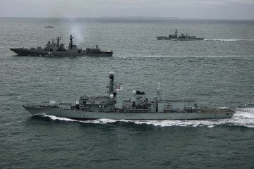 HMS Somerset (nearest) and HMS St Albans track Russian Severomorsk, April 2026. (Source: Royal Navy)