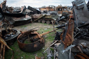Rusting remnants of a Russian armored column destroyed by Ukrainian forces are piled up on the outskirts of town, Bucha, Ukraine, on April 20, 2022. (Source: Getty Images) Rusting remnants of a Russian armored column destroyed by Ukrainian forces are piled up on the outskirts of town, Bucha, Ukraine, on April 20, 2022. (Source: Getty Images)