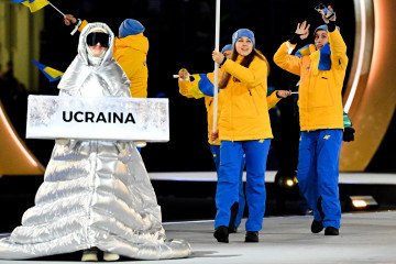 Russian national Anastasia Kucherova leads Ukrainian team in the athletes' parade during the opening ceremony of the Milano Cortina 2026 Winter Olympics at San Siro Stadium on February 6, 2026 in Milan, Italy. (Photo: Getty Images)