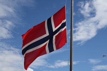 The Norwegian flag flies at half-mast during national mourning for the late King Harald V in Oslo, Norway, on September 5, 2026. (