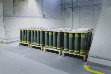 Artillery ammunition is pictured in production during the opening of the new artillery plant of Rheinmetall on August 27, 2025, in Unterluess, Germany. (Source: Getty Images)