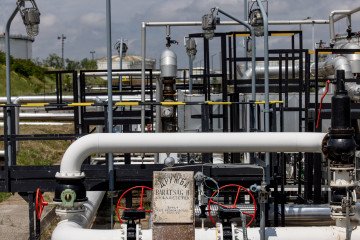 A stone commemorates the Friendship 2 crude oil pipeline in the Duna oil refinery on May 24, 2022 in Szazhalombatta, Hungary. (Source: Getty Images)