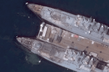 Satellite image of two Russian Admiral Grigorovich-class frigates in Novorossiysk following a Ukrainian drone and missile strike. (Source: OSINTtechnical/Vantor) Satellite image of two Russian Admiral Grigorovich-class frigates in Novorossiysk following a Ukrainian drone and missile strike. (Source: OSINTtechnical/Vantor)