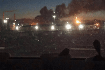 A fire burns at the Kirishi Oil Refinery following a reported drone strike overnight on May 5. (Source: Exilenova+)