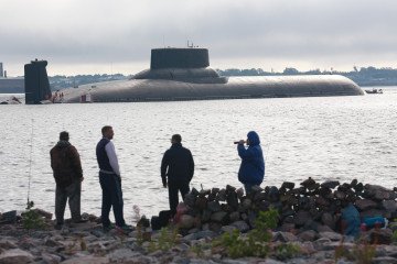 The Dmitriy Donskoy (TK-208) nuclear ballistic missile submarine arrives at St Petersburg to take part in a ship parade marking Russian Navy Day in Russia on July 26, 2017.