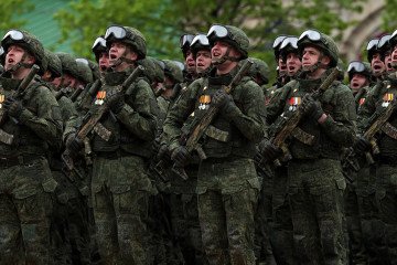 Russian military servicemen shout during the Victory Day parade, on May 9, 2026 in Moscow, Russia. (Source: Getty Images)